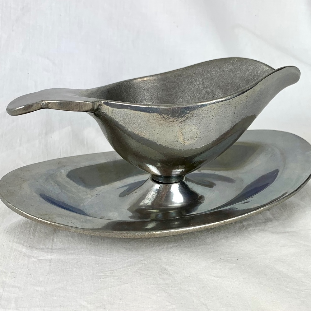 Vintage Pewtarex York Penn Pewter Gravy Boat Attached Oval Plate Thanksgiving